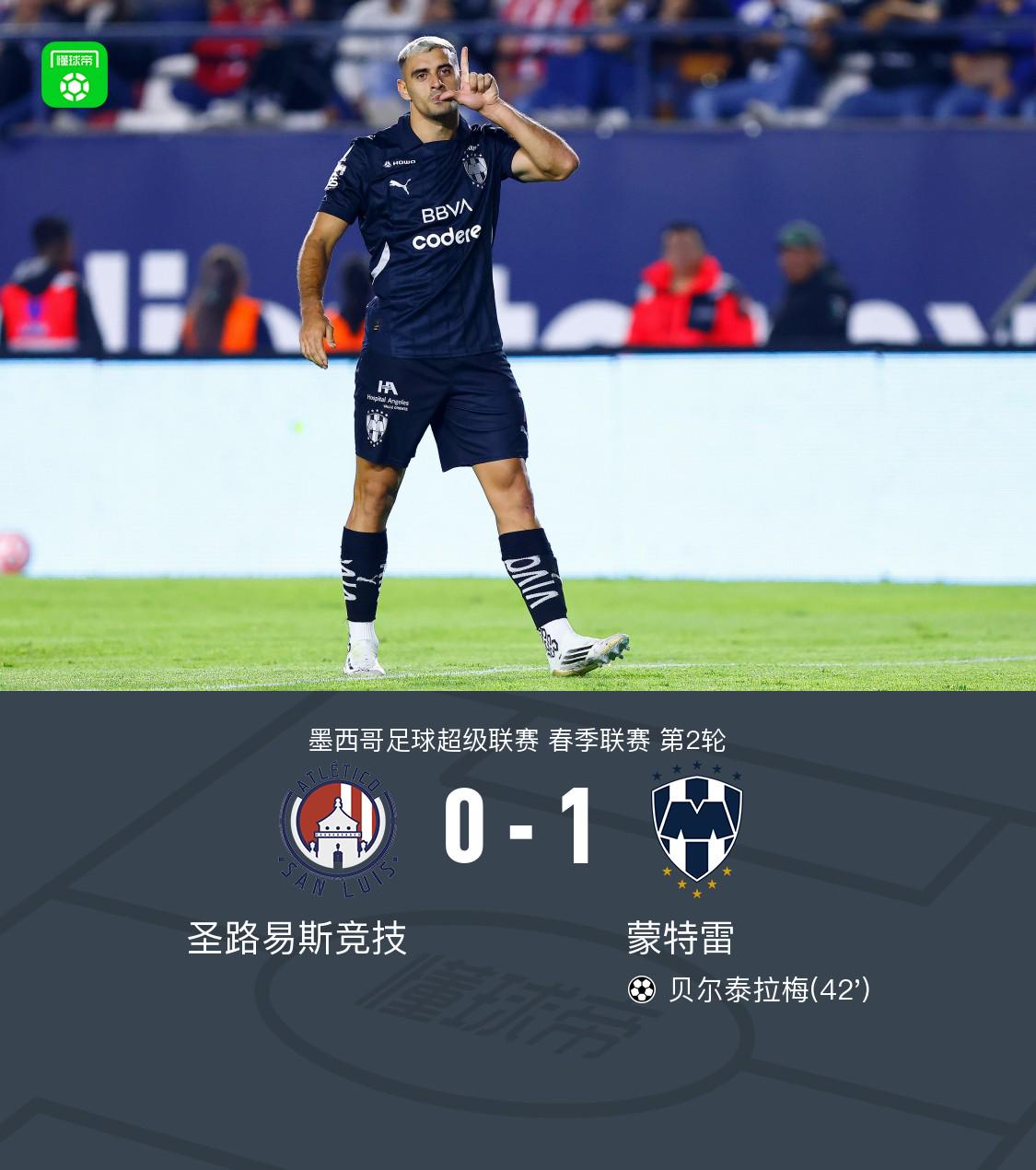 蒙特雷以1-0擊敗運(yùn)動(dòng) Canales協(xié)助Berterra May獲勝